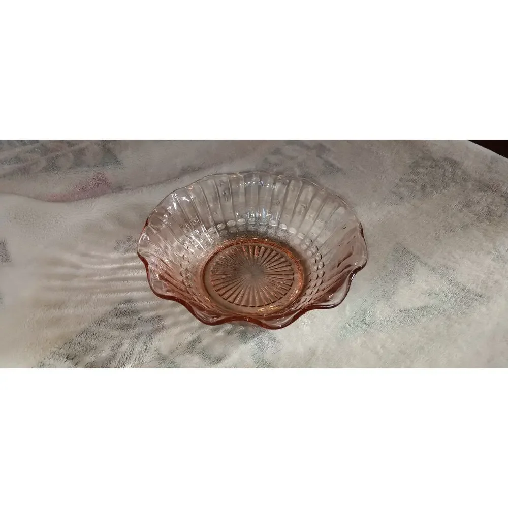 Pink Pressed Depression Glass Small Bowl Candy Dish Ruffled Edges Raised Designs